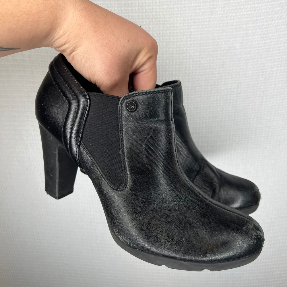 Anne Klein Sport Womens Black Leather Ankle Boots Block Heel AK7XPLAIN Size 9M